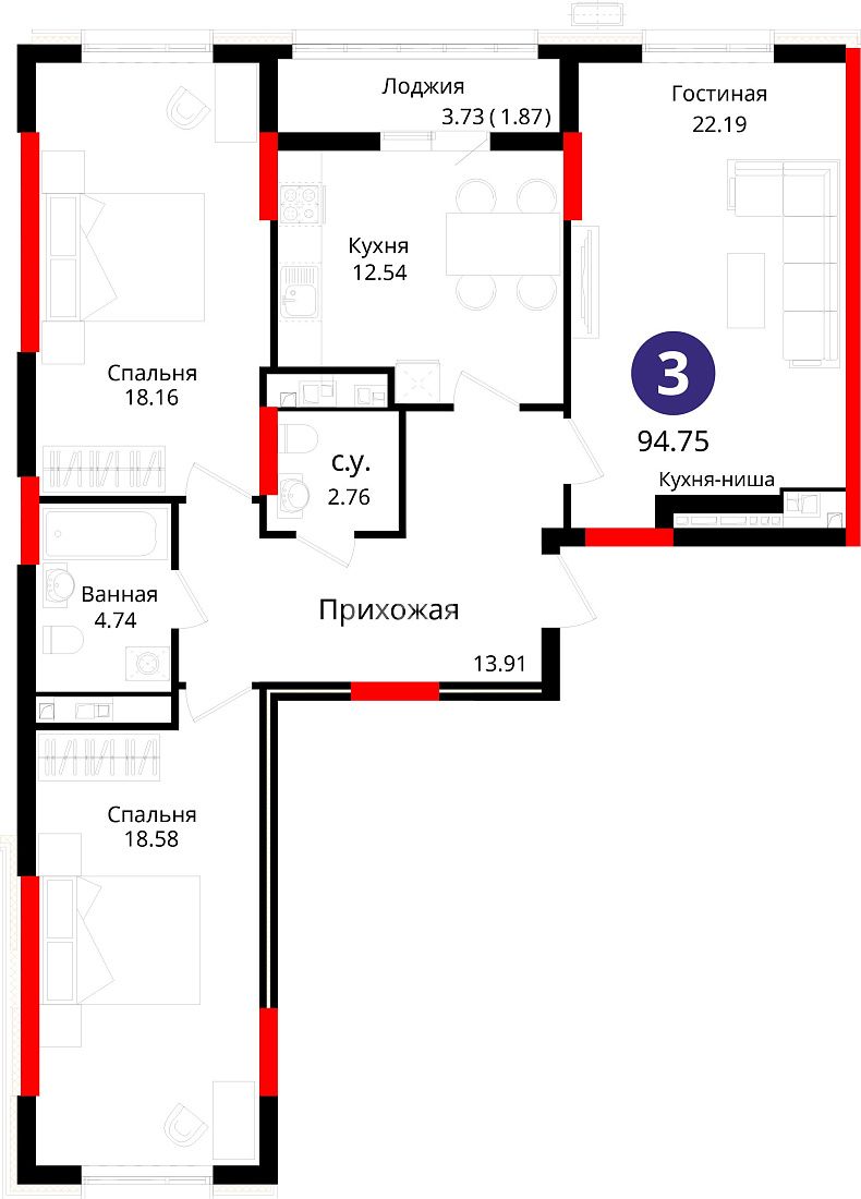 3 комн - ЖК Altyn Saulet 3